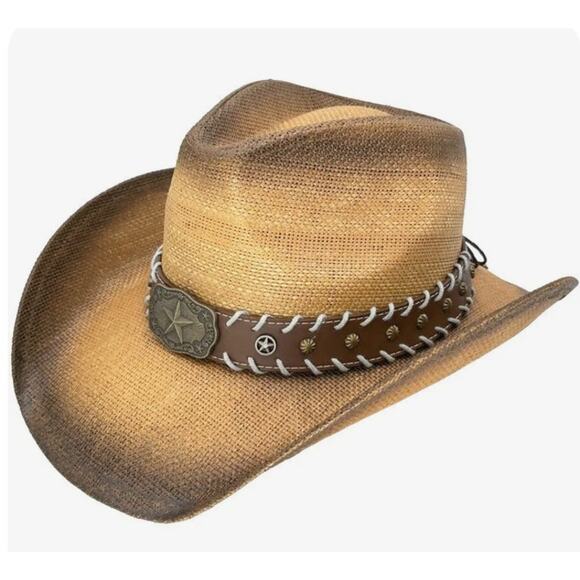Paper Straw Brown Cowboy Hat with Star Leather Laced Band NEW - Picture 2 of 10